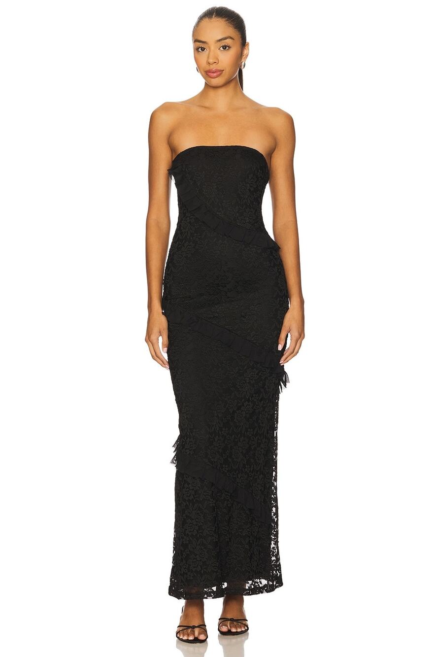 MORE TO COME Xandra Romantic Strapless Black Stretch Lace Maxi Dress S NWT